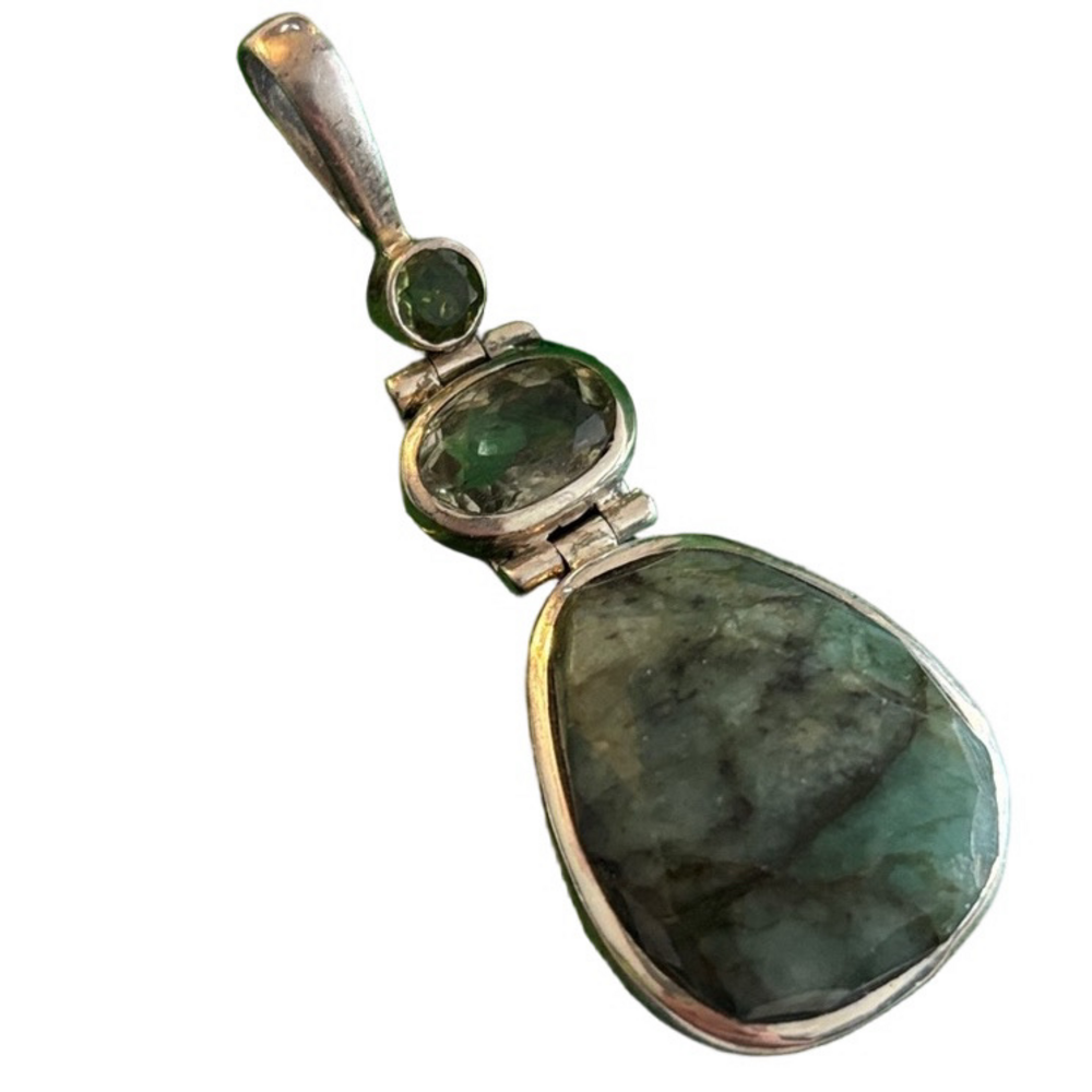 Large 925 Sterling Silver Green Labradorite Statement Pendant